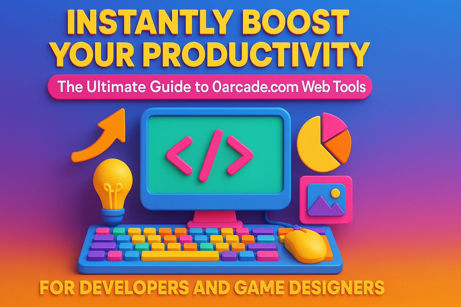 A vibrant, square-format 3D digital illustration promoting web tools from 0arcade.com for developers and game designers.